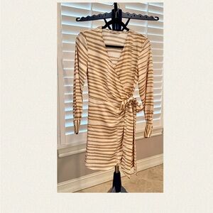 Elegant Tan Striped Wrap Dress